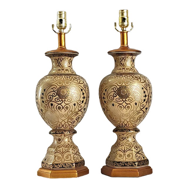 Vintage Hand Painted Ceramic Moorish Table Lamps Restored - A Pair For Sale