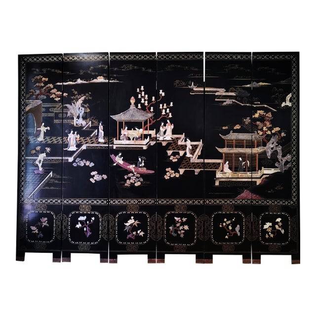 Mid 20th Century Chinese Export Six Panel Carved Soapstone Coromandel Screen For Sale