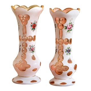 Pair of Antique Bohemian White & Pink Cased Art Glass Vases With Hand-Painted Floral Decoration For Sale