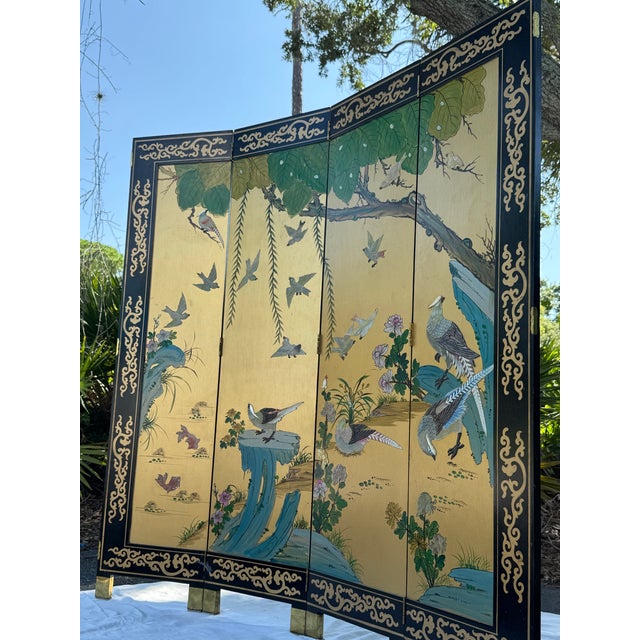 Vintage Chinese Four-Panel Chinoiserie Folding Screen With Raised Shell Birds & Gold Leaf For Sale - Image 4 of 8