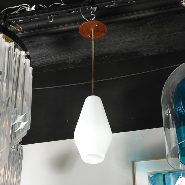 Mid-Century Modern Frosted Glass & Walnut Pendant Chandelier With Brass Fittings For Sale - Image 10 of 17