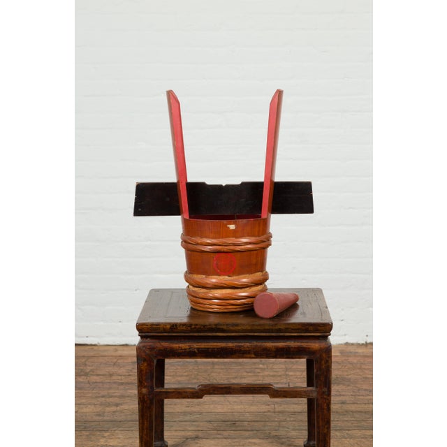 Mid 20th Century Japanese Vintage Grain Storage Jug with Red Lacquer and Calligraphy Decor For Sale - Image 5 of 13
