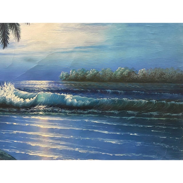 Oil Paint Canvas Art Palm Tree Ocean Beach Wave Wall Decor Painting For Sale - Image 4 of 5