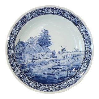 Vintage 1960s Large Delfts Boch Belgium Blue Windmill Holland Charger Plate Royal Sphinx For Sale