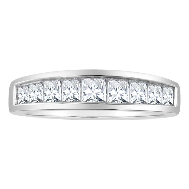 One Carat Princess Cut Channel Wedding Band 14k White Gold, Size 9 For Sale