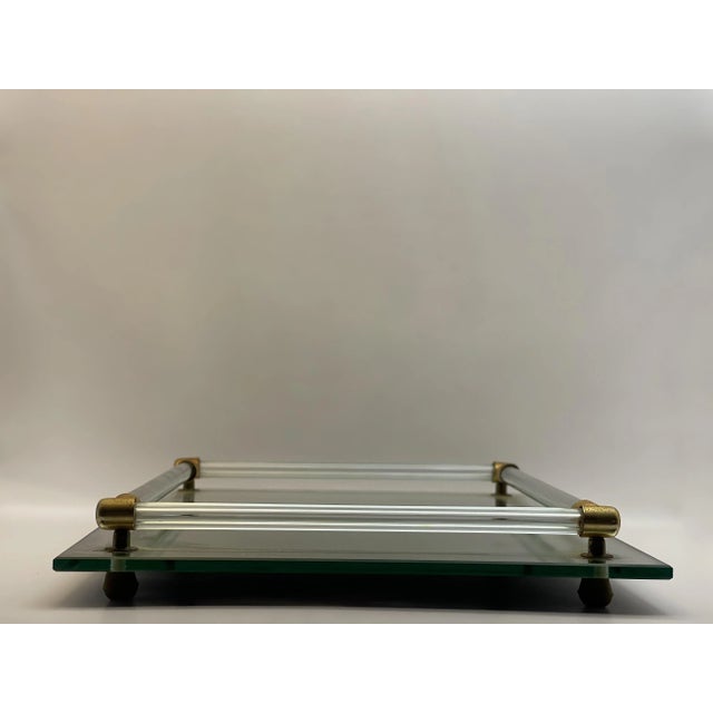 Art Deco Vintage Glass Railed Mirror Tray W/ Brass Accents For Sale - Image 3 of 7