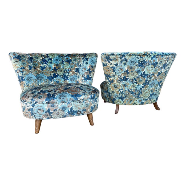 Pair of Late 40s Floral Slipper Chairs in the Style of Gilbert Rhode For Sale