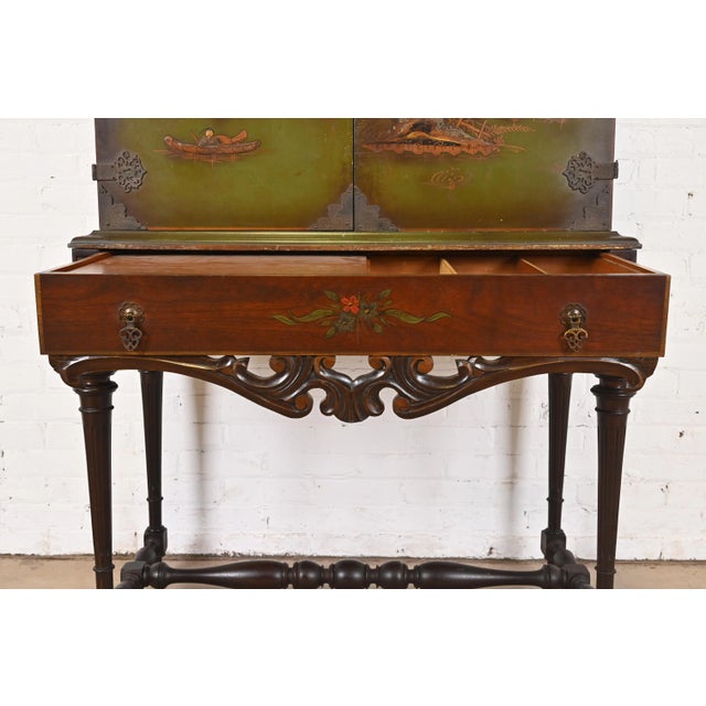 Wood Chinoiserie Jacobean Hand Painted Bookcase or Bar Cabinet, Circa 1920s For Sale - Image 7 of 12