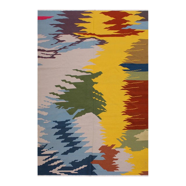 Tribal Kilim Grey Blue Wool Rug - 7'10" X 9'11" For Sale