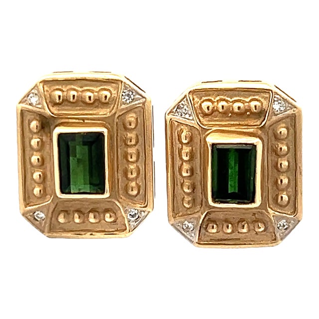 1980s Italian 14k Gold Green Tourmaline & Diamond Earrings, Pair For Sale