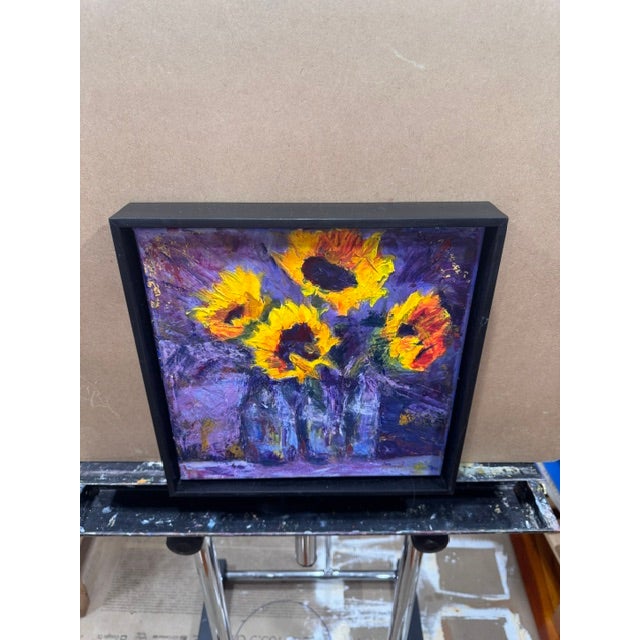 Textile Sunflowers in Blue Bottles by Kathleen Varadi, Contemporary Floral Still Life Painting For Sale - Image 7 of 9