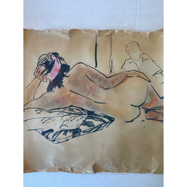 A vintage life drawing executed in mixed media on delicate, browned paper, likely dating to the mid-20th century. The...