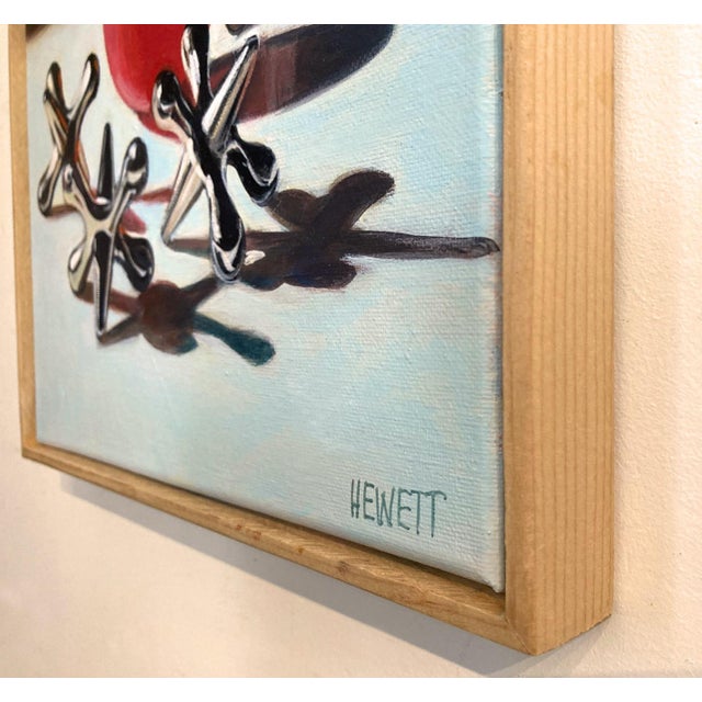 Acrylic on canvas original still-life painting of the classic game of "Jacks" showing 4 shiny jacks with the red bounce...