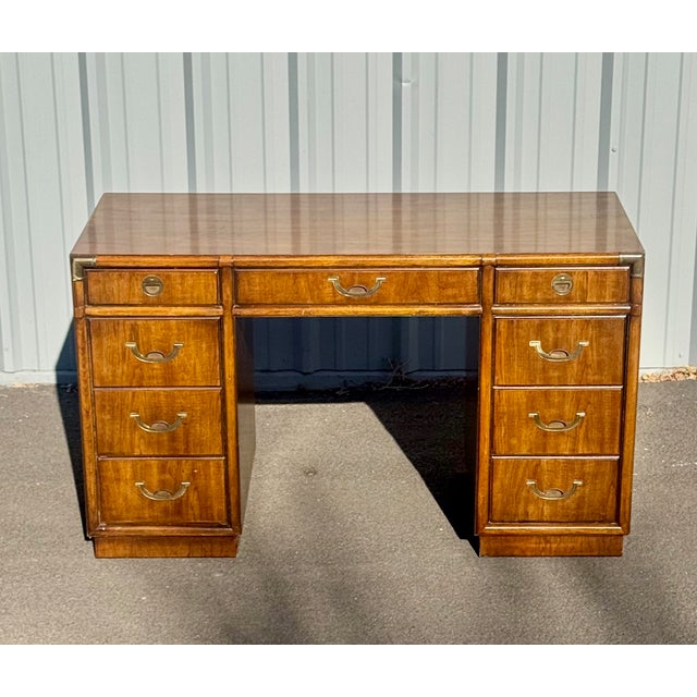 Mid-Century Modern Vintage Drexel Campaign Style Partner Desk For Sale - Image 3 of 8