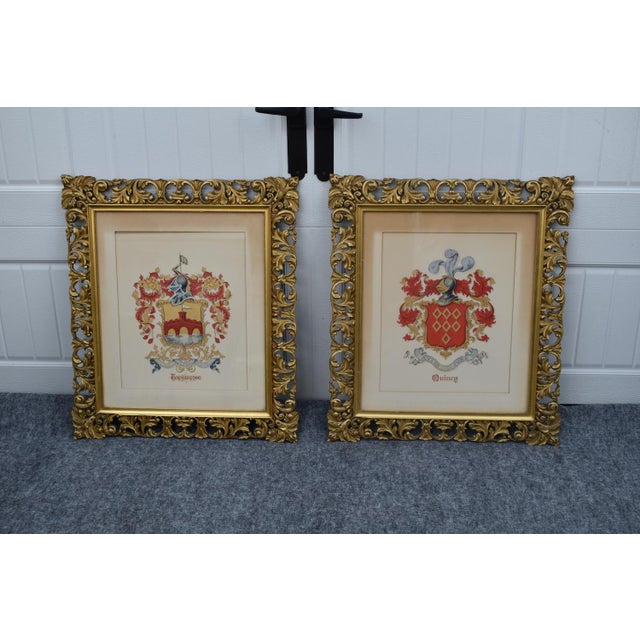 Vintage Pair Framed Prints Coat of Arm Ornate Gold Gilt For Sale - Image 15 of 18