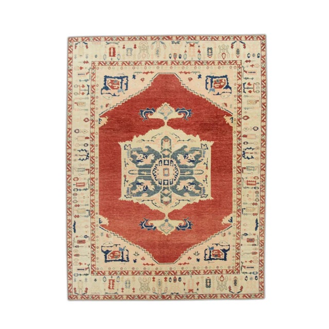 Cream & Red Fine Woven Turkish Oushak Rug 9' X 12'4" For Sale In Houston - Image 6 of 6