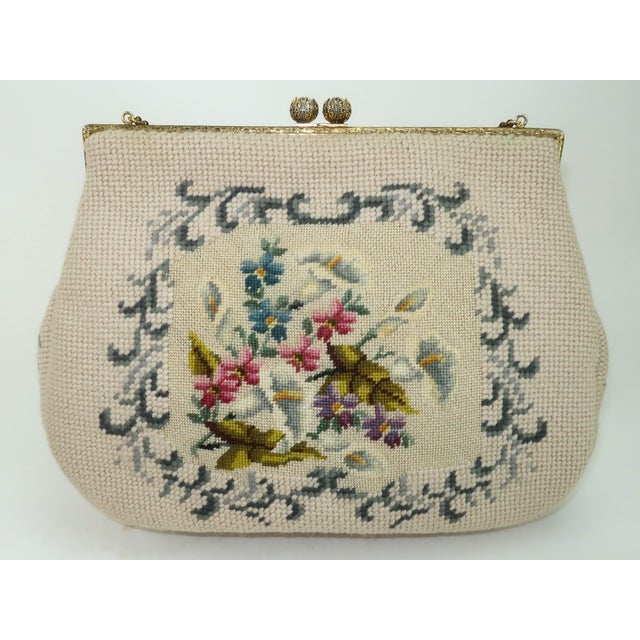 Antique White Floral Needlepoint Top Handle Handbag, 1950's For Sale - Image 8 of 14