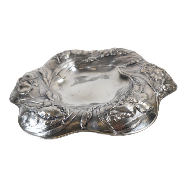 19th Century Silverplate Art Nouveau Catchall Card Tray With Iris Flowers by James W. Tufts For Sale