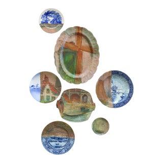 "The Green Windmill" - One of a Kind Wall Art Composition of Decorative Plates and Painting For Sale