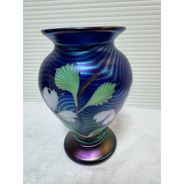 Postmodern Orient & Flume Floral Blue Art Glass Vase, Signed For Sale - Image 3 of 12