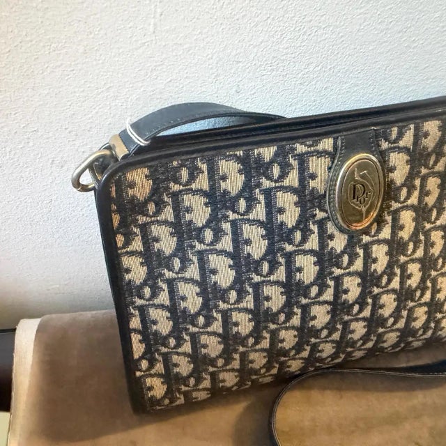 Contemporary 1980s Vintage Trotter Blue Canvas and Blue Leather Christian Dior Crossbody Bag For Sale - Image 3 of 17