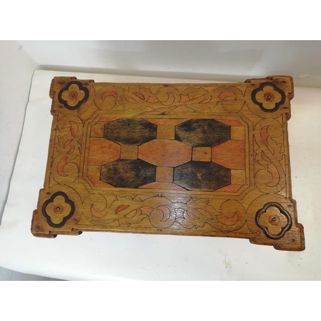 Beautiful carpenter's sample model of a table. Entirely inlaid with geometric and floral motifs using woods of different...