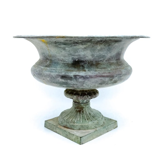 English Vintage Verdigris Metal Urn Planter / Cachepot – Neoclassical Garden Style / Traditional / Classical For Sale - Image 3 of 12