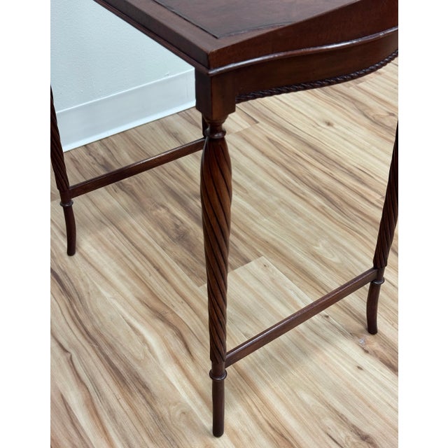 Brown Antique Leather Inset Top Carved Wood Tea Table For Sale - Image 8 of 12
