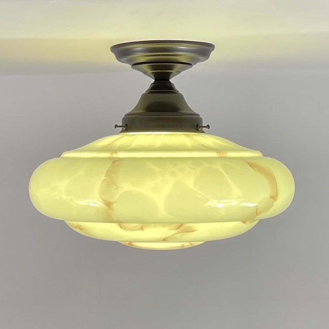 Art Deco Flush Mount in Marbled Opaline Glass and Burnished Brass, Germany, 1920s For Sale - Image 13 of 17