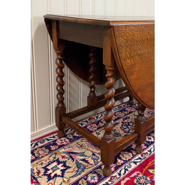 Antique English Large Table Drop Leaf Gateleg Barley Twist Oak Oval C. 1920-30s For Sale - Image 11 of 18