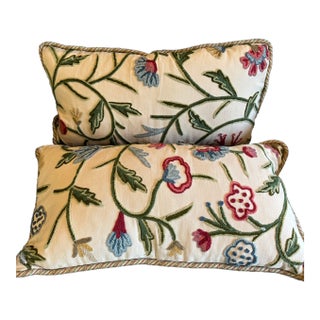 Two Vintage Rectangle Decorative Pillows With Floral Embroidery Cruel For Sale