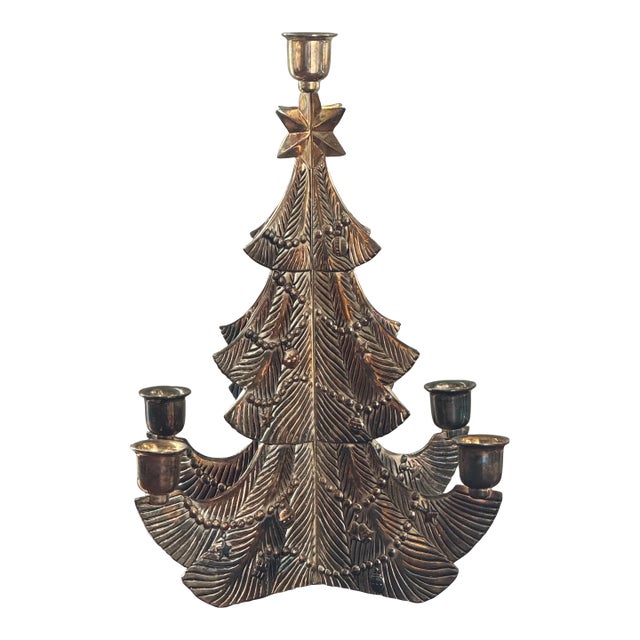 1980s Christmas Tree Silverplate Five Candle Holder For Sale