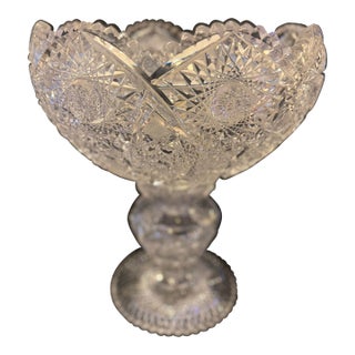 Rare Large Antique American Brilliant Period Cut Glass Pedestal Compote – 17” Tall, Deep Hobstar & Russian Pattern For Sale