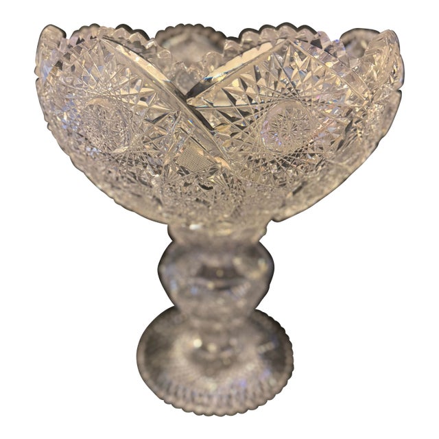 Rare Large Antique American Brilliant Period Cut Glass Pedestal Compote – 17” Tall, Deep Hobstar & Russian Pattern For Sale