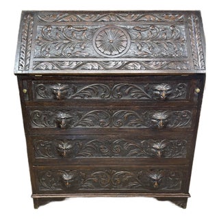 1920s English Oak Carved Slant-Front Desk For Sale