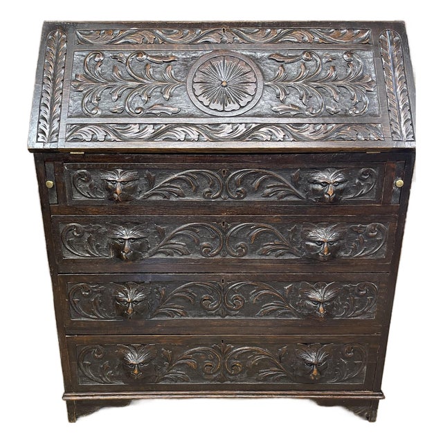 1920s English Oak Carved Slant-Front Desk For Sale