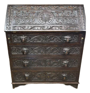 1920s English Oak Carved Slant-Front Desk