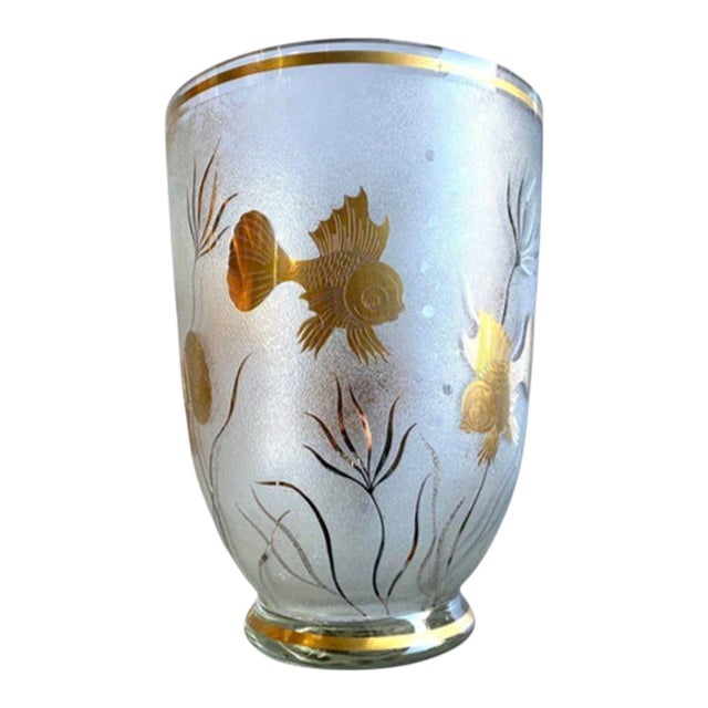 Monumental Etched Glass Vase With Gold Fish Overlay For Sale