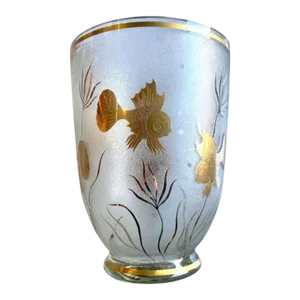 Monumental Etched Glass Vase With Gold Fish Overlay