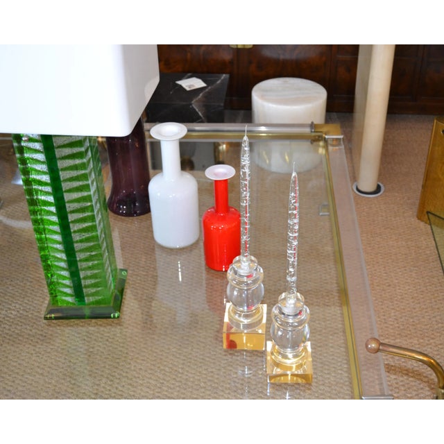2010s Modern Clear & Gold Turned Acrylic Candle Holders, Candlesticks, Pair For Sale - Image 5 of 13