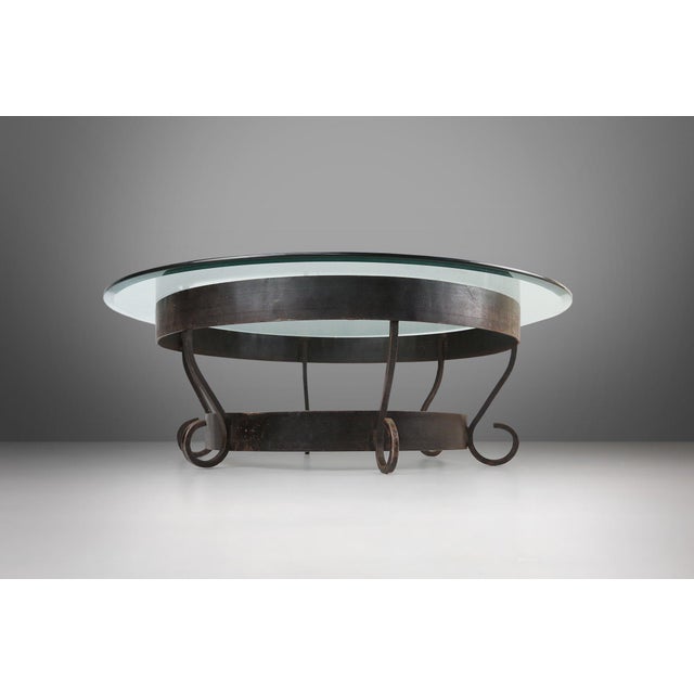 Black Rustic Round Coffee Table with Wrought Iron Base and Glass Top, France, 1930s For Sale - Image 8 of 12