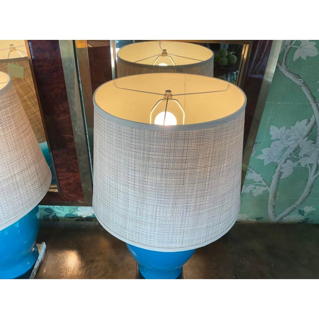 Turquoise Contemporary Pair of Turquoise Ceramic Table Lamps For Sale - Image 8 of 10