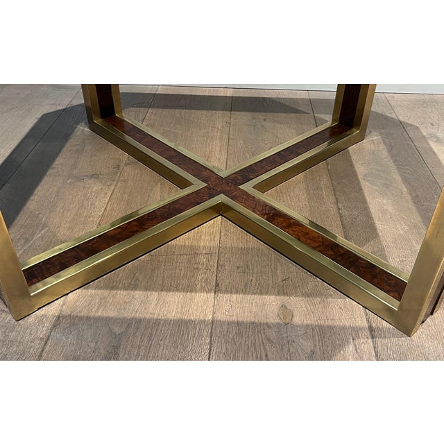 Octagonal walnut and brass coffee table. French work. Circa 1970 For Sale - Image 9 of 12