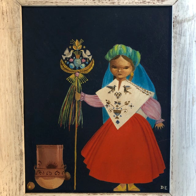 1960’s Peruvian Folk Art Paintings Children in Festive Garb Signed Original Frames-A Pair For Sale - Image 4 of 7