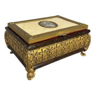 Antique Wooden Jewelry Box with Gilded Brass, 1890s For Sale