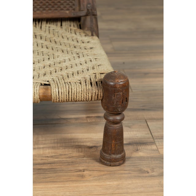 Antique Indian Rustic Low Seat Wooden Chair with Carved Rosettes and Twine Seat For Sale - Image 12 of 12