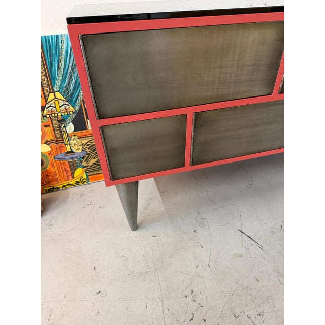 1990s Custom 11 Drawer Credenza in Red with Brushed Steel Doors and Black Glass Top For Sale In Palm Springs - Image 6 of 17
