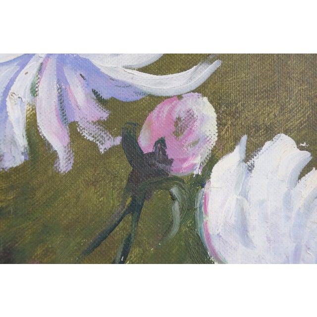 Late 20th Century Bouquet of Purple Peony Flowers in a Glass Vase Still Life Oil Painting on Canvas 41" For Sale - Image 11 of 11