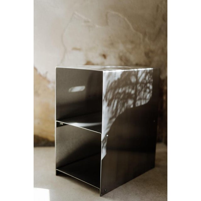 Metal Cosmo Multifunctional Stool and Shelf in Brushed Stainless Steel by Form & Eisen For Sale - Image 7 of 18