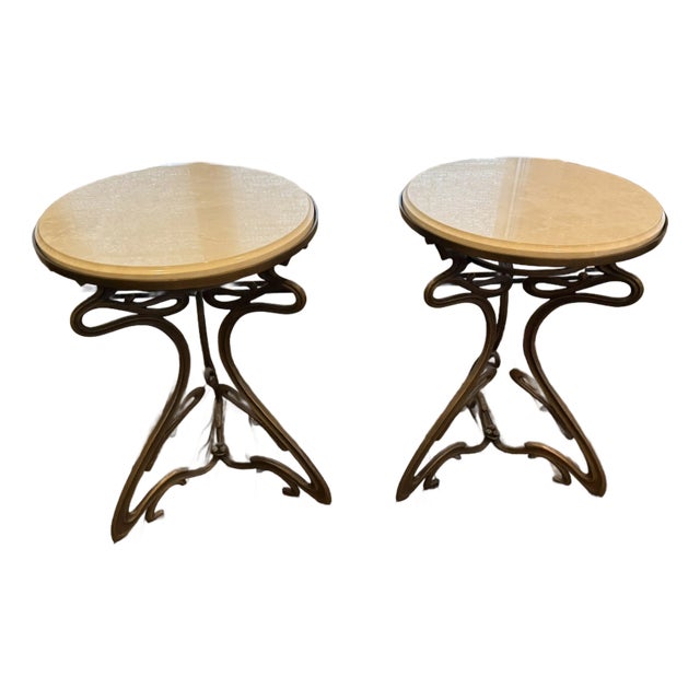 Mid 20th Century Art Nouveau Cast Brass and Marble Top End Tables For Sale